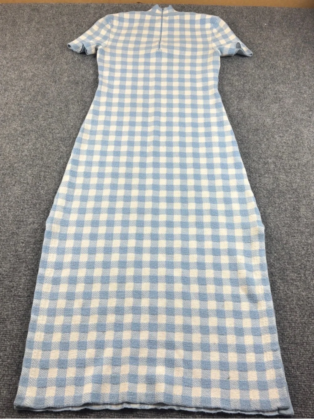STAUD Women’s Blue/White Plaid Print Short Sleeve Midi Dress Mock Neck - Small - Picture 2 of 11